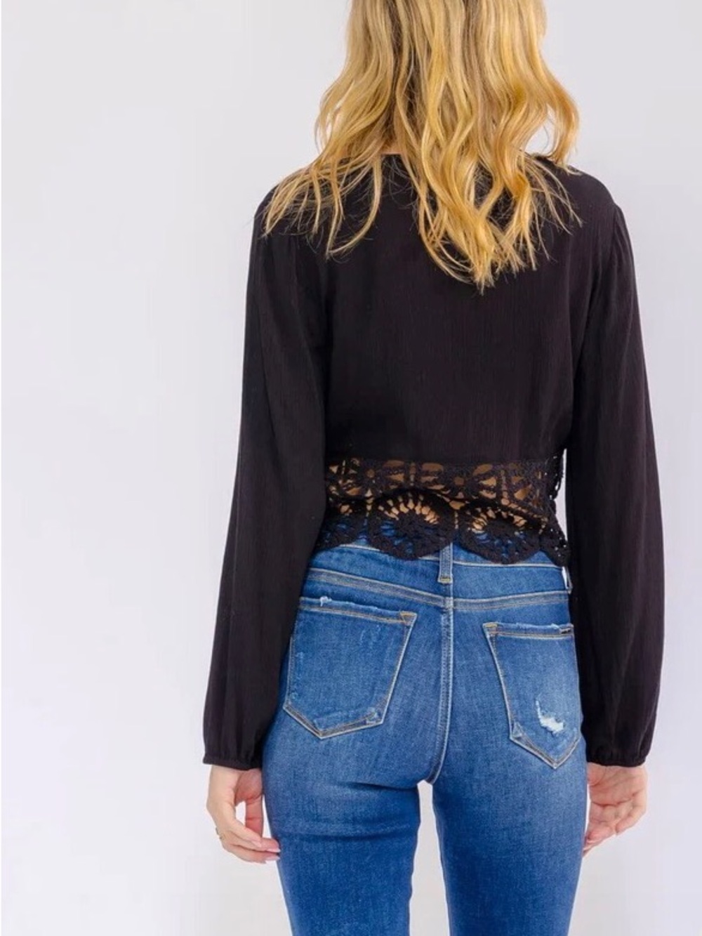 0304. Black Lace Cropped V-Neck Women's Top - Picture 3 of 3